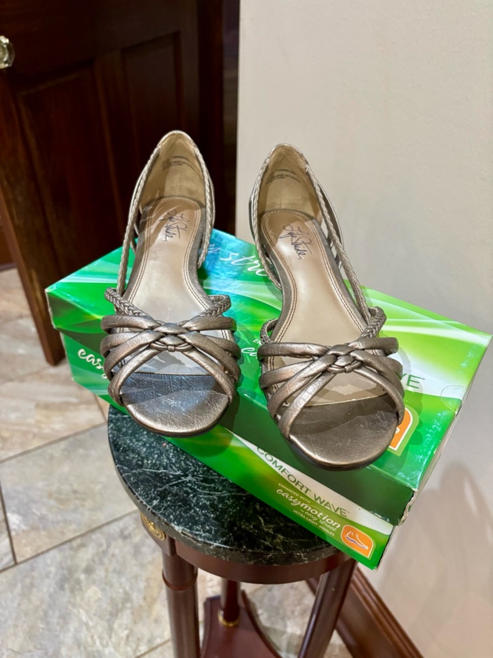 LifeStride Metallic Bronze Braided Peep-Toe Low Heel Sandals
